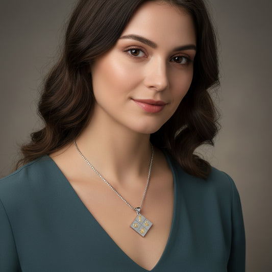 A Large Two-Tone Solid 925 Sterling Silver & 14k Gold Greener Life Club Diamond Pendant with Optional Chain, 25mm